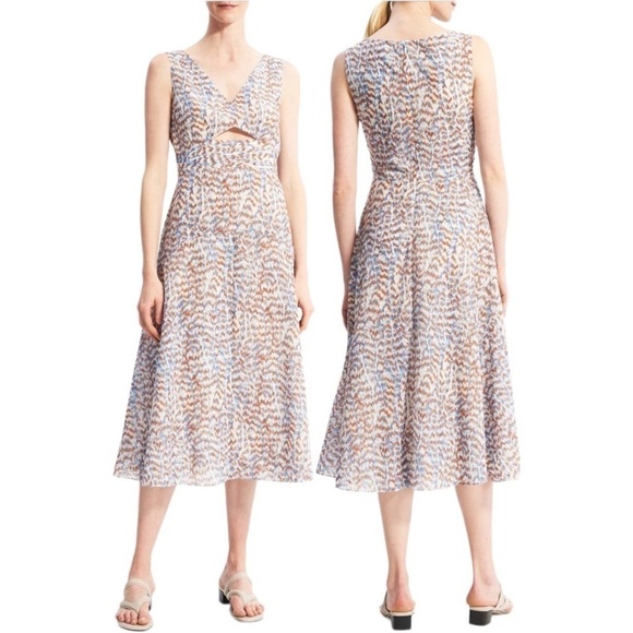 THEORY Abstract Print A-Line Sleeveless V-Neck Cut-Out Cocktail Midi Dress NEW - Picture 4 of 15